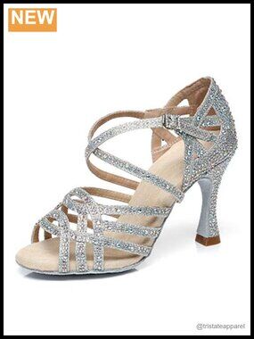 Rhinestone Dance Heels Ankle Strap Latin Salsa Ballroom Shoes Peep Toe